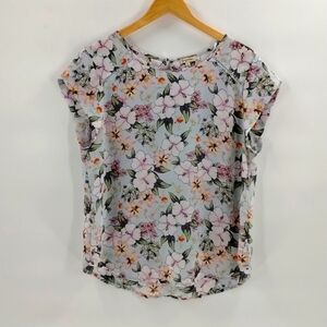 Lily White pale blue floral short sleeve flowy blouse size XL